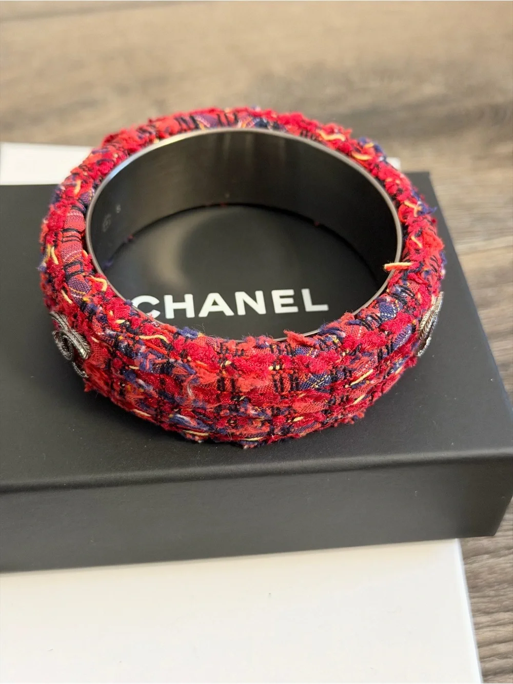 CHANEL Red Tweed CC Logo Bangle Bracelet